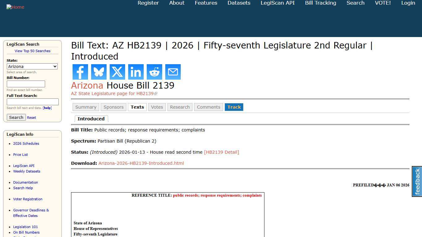 Bill Text: AZ HB2139 2026 Fifty-seventh Legislature 2nd Regular Introduced LegiScan